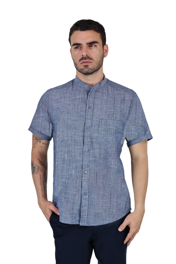 Camisa Manga Corta Look De Lino Azul Marino Jaspe Slim Fit Caballero